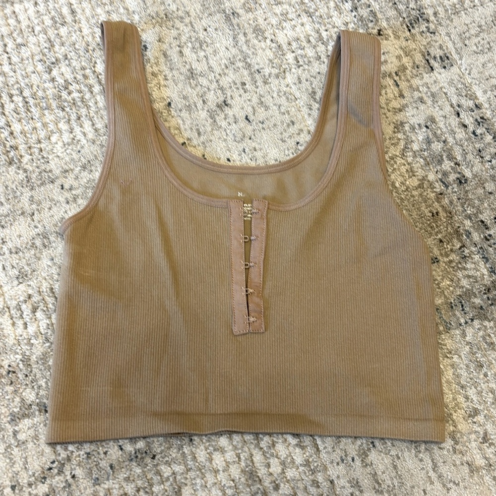 Three Bird Nest Ribbed Hook-and-Eye Crop Tank in Taupe